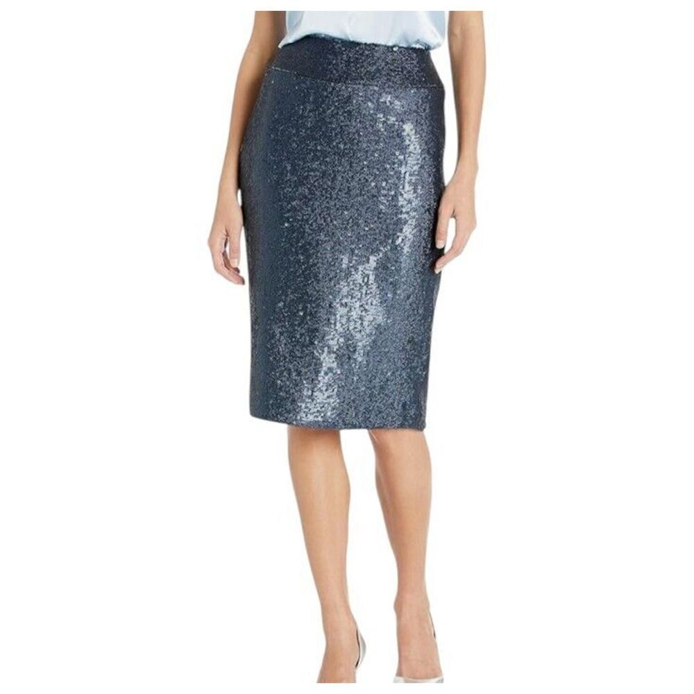Halston Skirt Sequin Pencil Navy Blue Sparkle Womens Size 8 Formal Knee Length